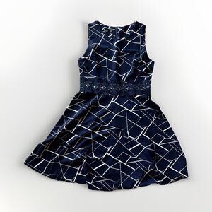 Homeyee Navy Geometric Fit & Flare Dress XL / US 12 Lace Waist Sleeveless